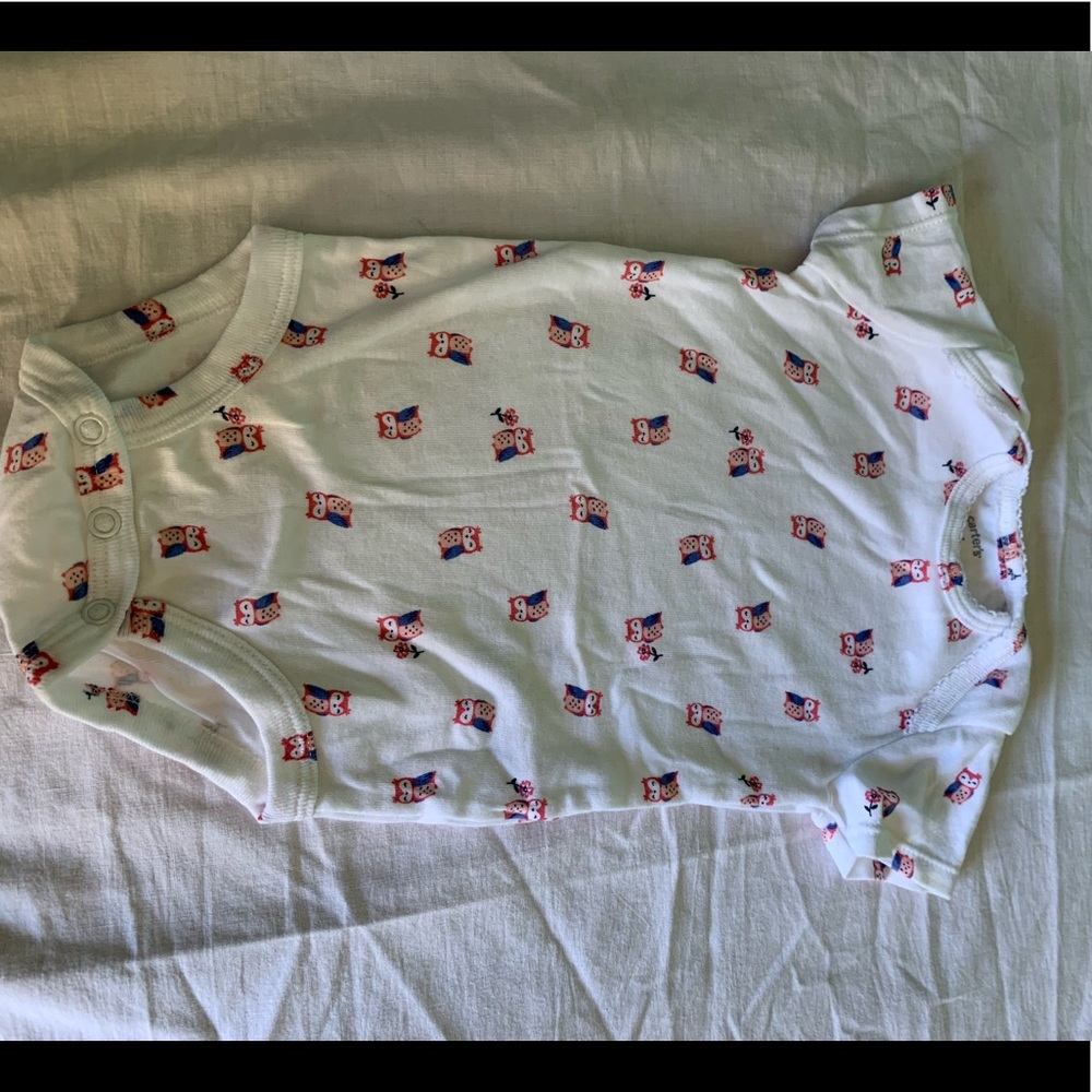 White one piece 6 M  with pink/purple owl printed